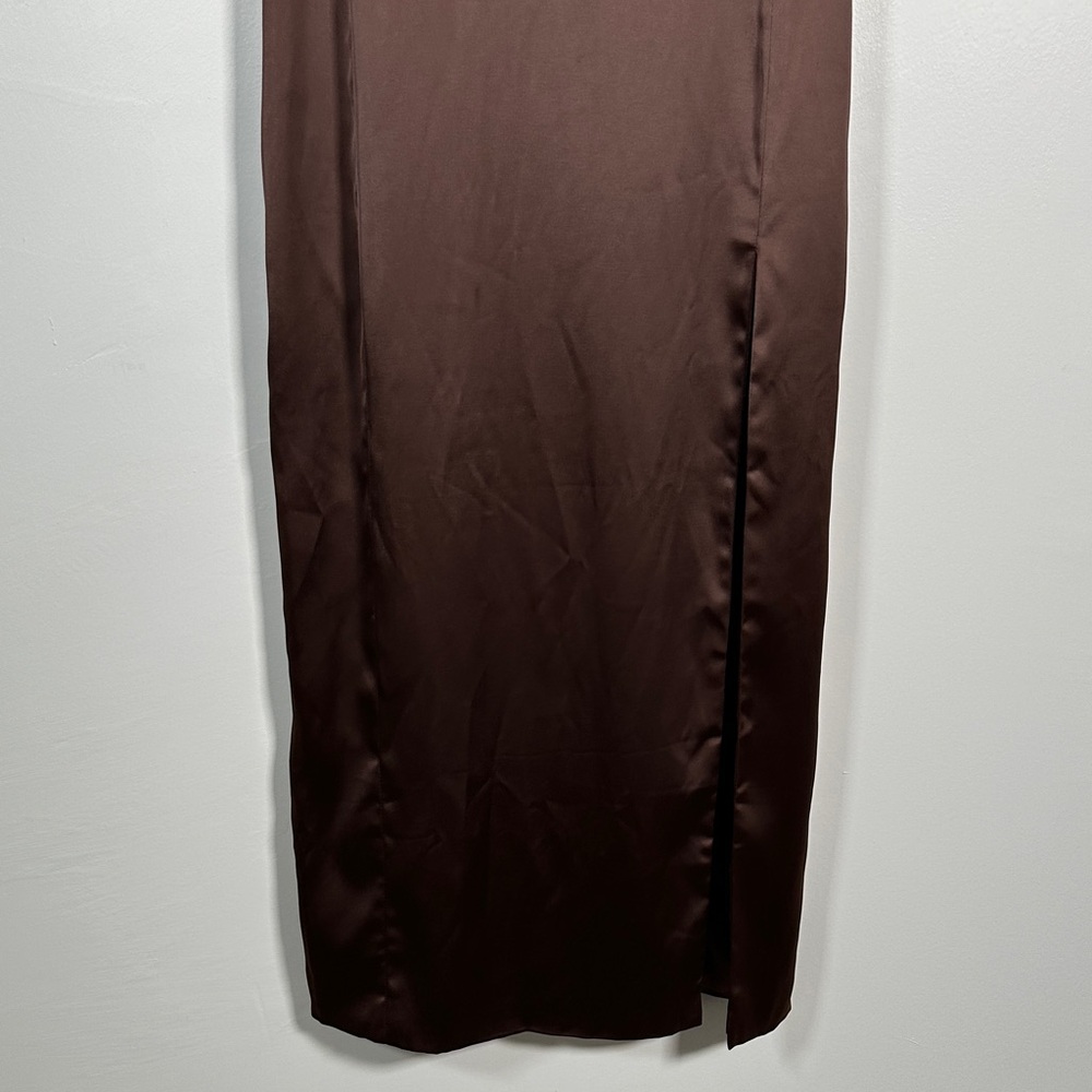 Meshki Brown Satin Corset Dress Bodycon Midi Thigh Slit Sexy Night Out Size M - Picture 13 of 16